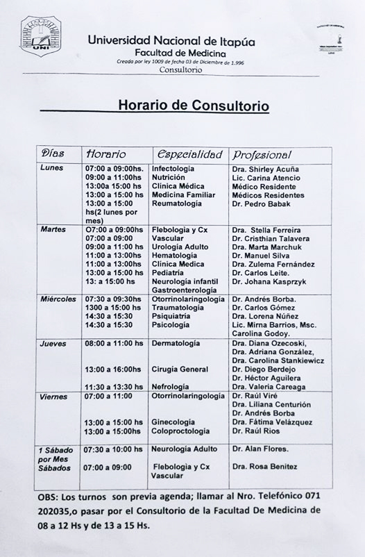 Horario de Consultorio de Medicina UNI